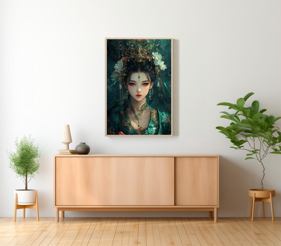 Green Tara Buddhist Goddess of Compassion Ornate Teal Portrait Poster - Image 2