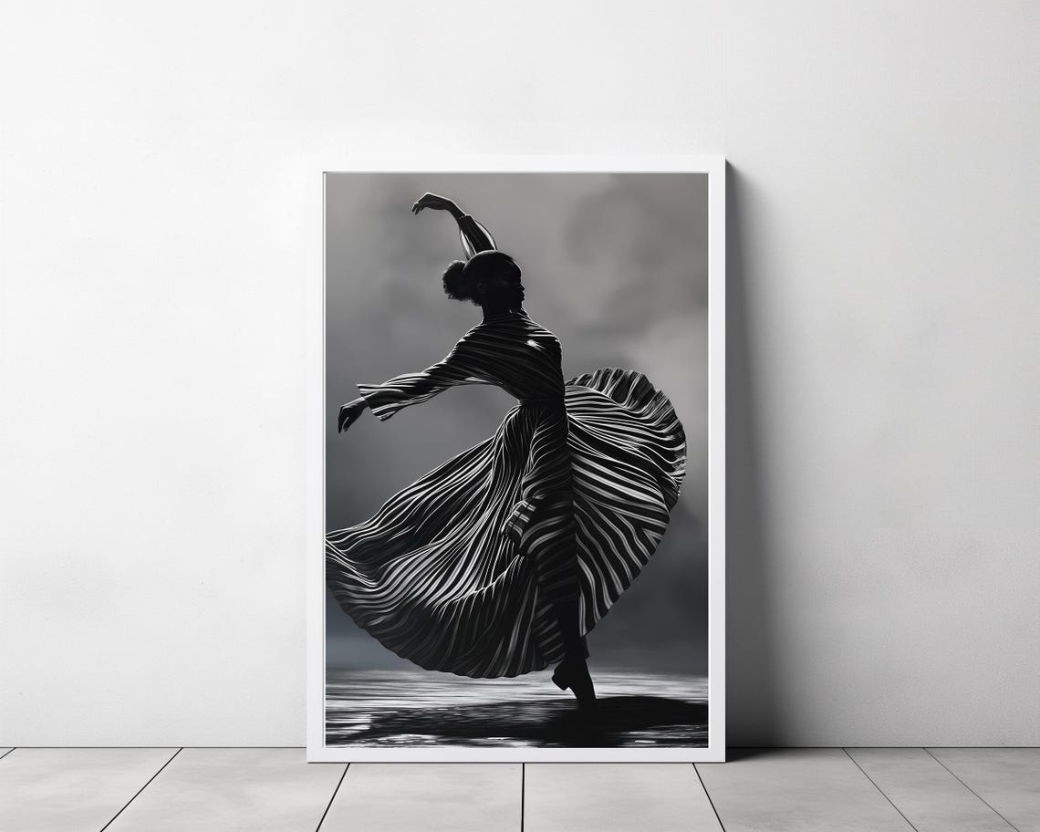 Black and White Silhouette of a Dancer in a Flowing Dress Poster - Image 3