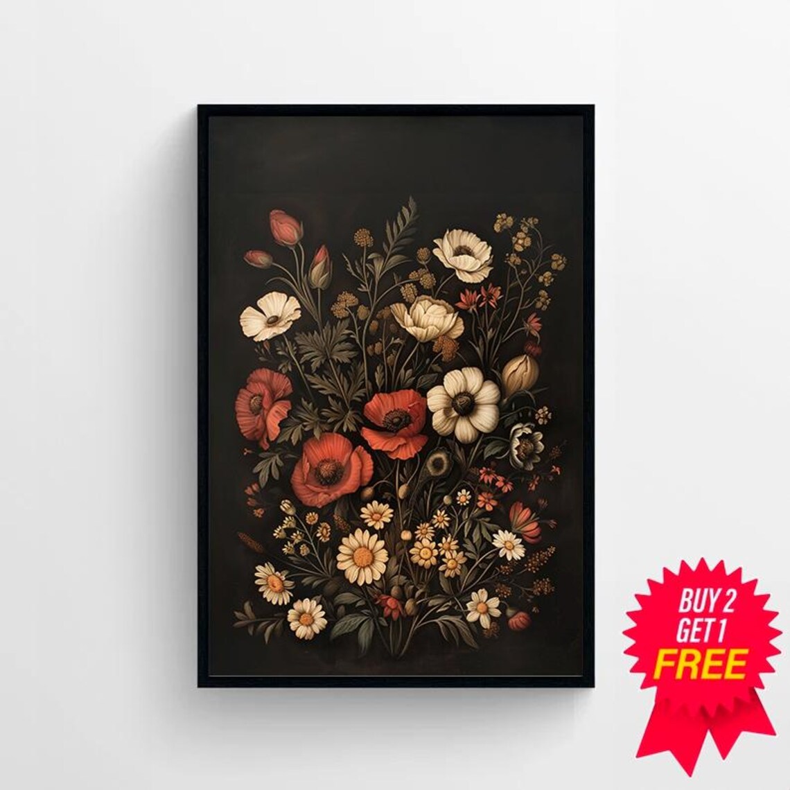 Red Poppy Moody Floral Bouquet Daisy and Anemone Vintage Poster - Image 4