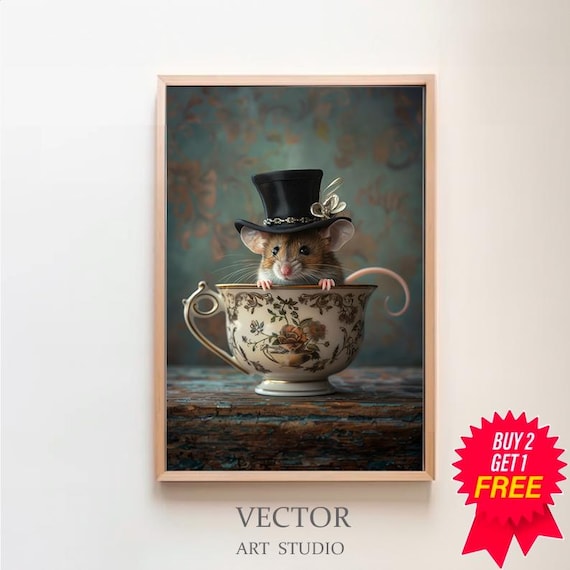 Mouse in a Tea Cup, Whimsical Kitchen Art Print