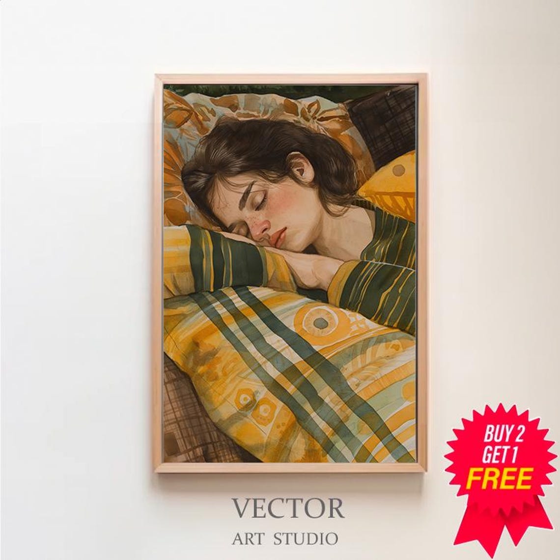 Woman Sleeping Peacefully Under a Patterned Green Quilt Poster