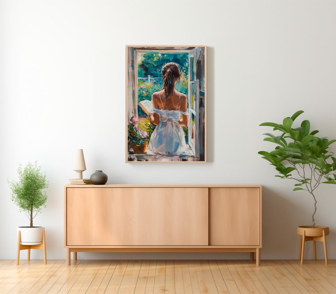 Woman Reading Book By Open Garden Window Impressionist Poster - Image 2