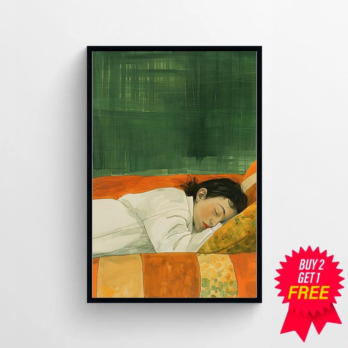 Woman Napping on an Orange Couch Against a Green Wall Poster - Image 4