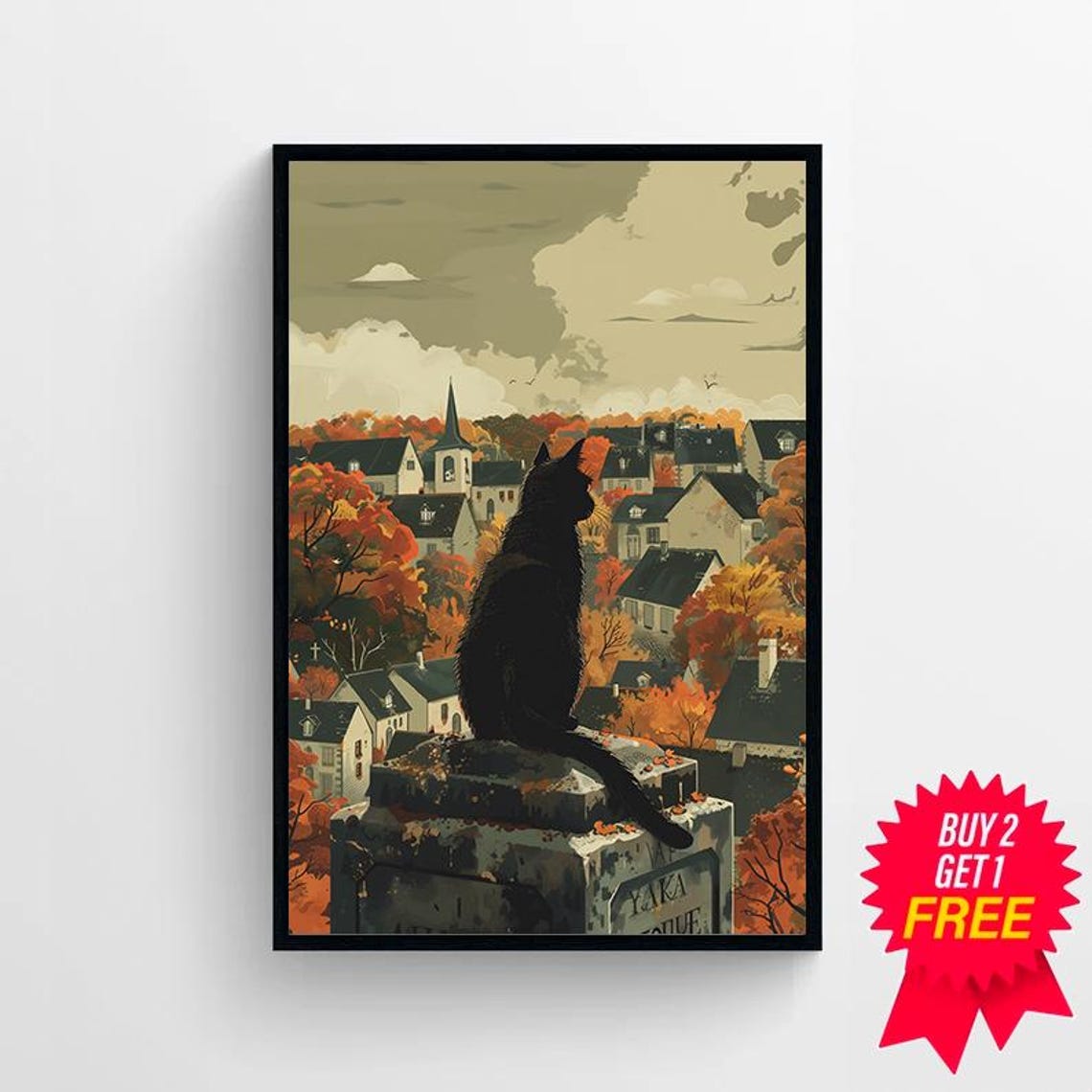 Black Cat Sitting on a Tombstone Above an Autumn Village Art Poster - Image 4