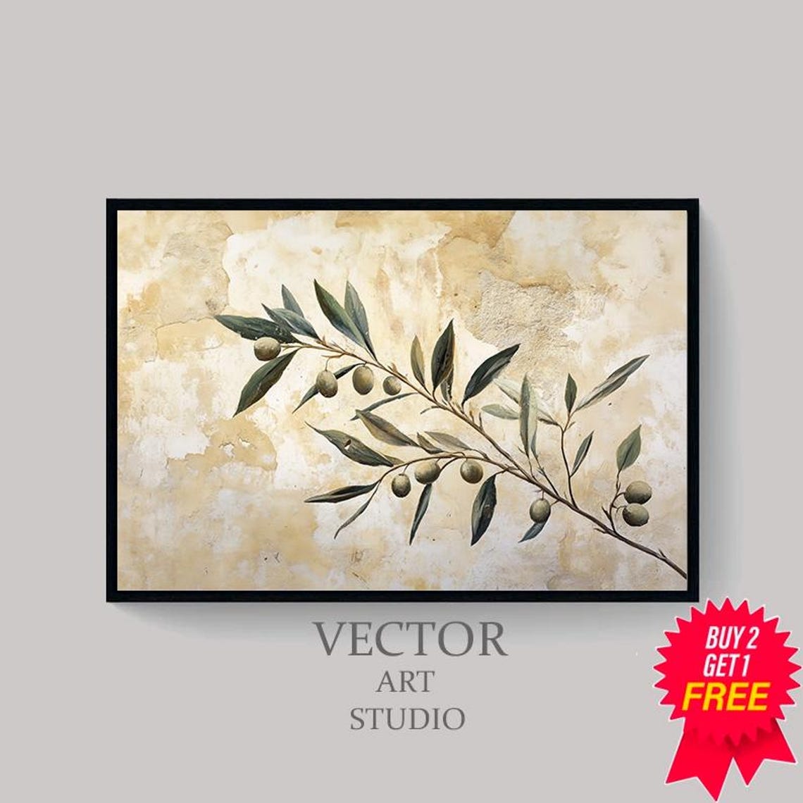 Olive Branch Fresco On Aged Plaster Wall Botanical Art Poster - Image 4