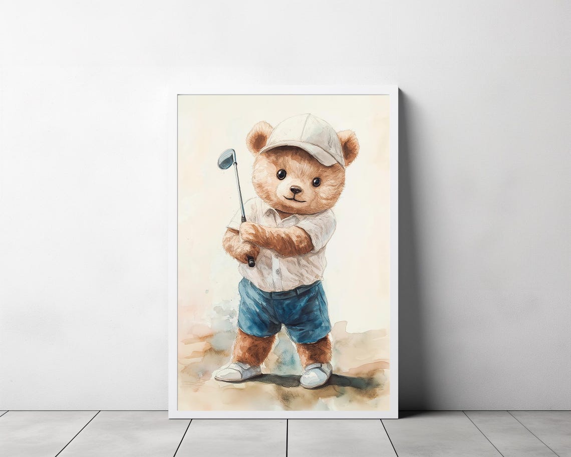 Cute Teddy Bear Golfer Nursery Watercolor Blue Shorts Cap Poster - Image 3