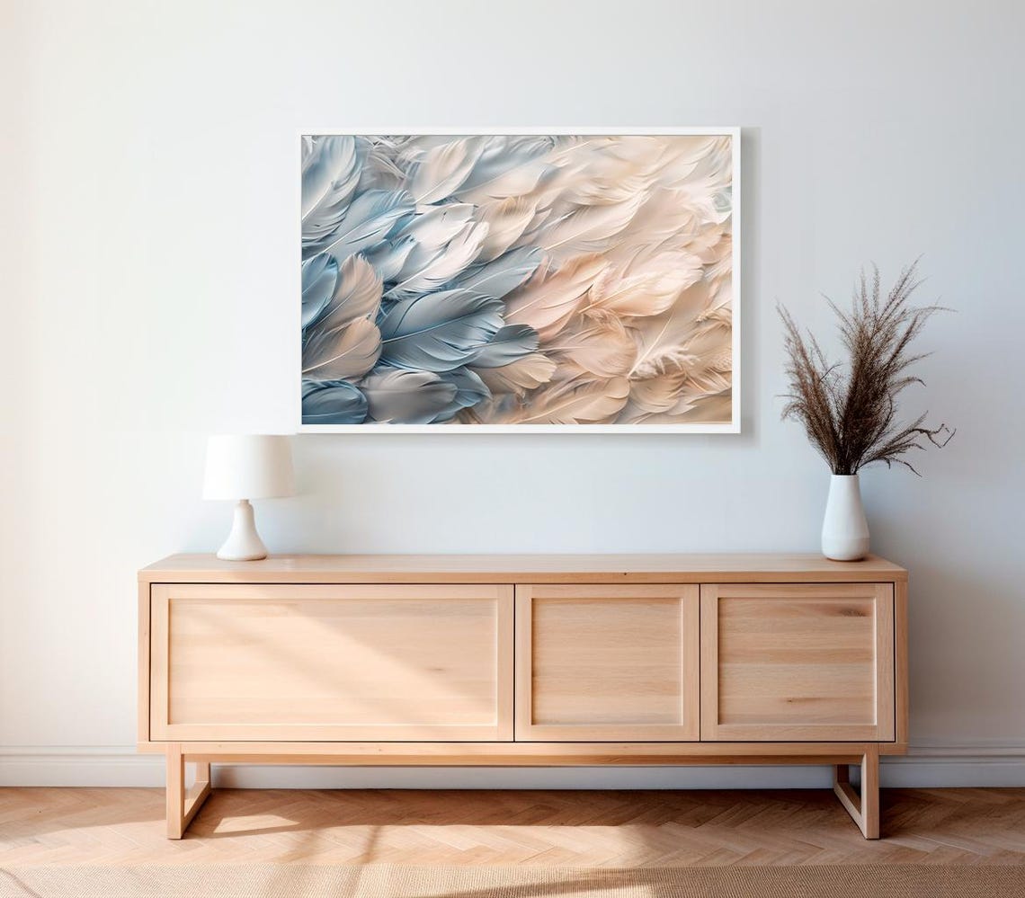 Soft Feather Painting in Blue Grey and Beige Calm Tones Poster - Image 2