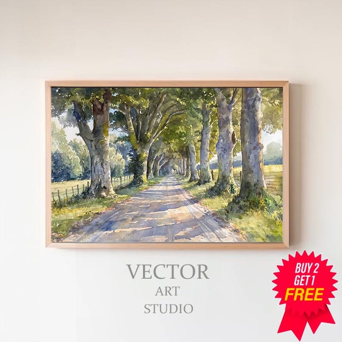 Tree Lined Country Road Summer Watercolor Rural Landscape Poster