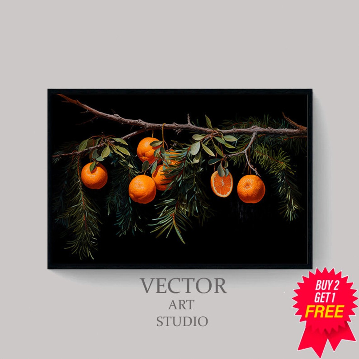 Whole Oranges on Bare Winter Branch with Pine Black Botanical Poster - Image 4