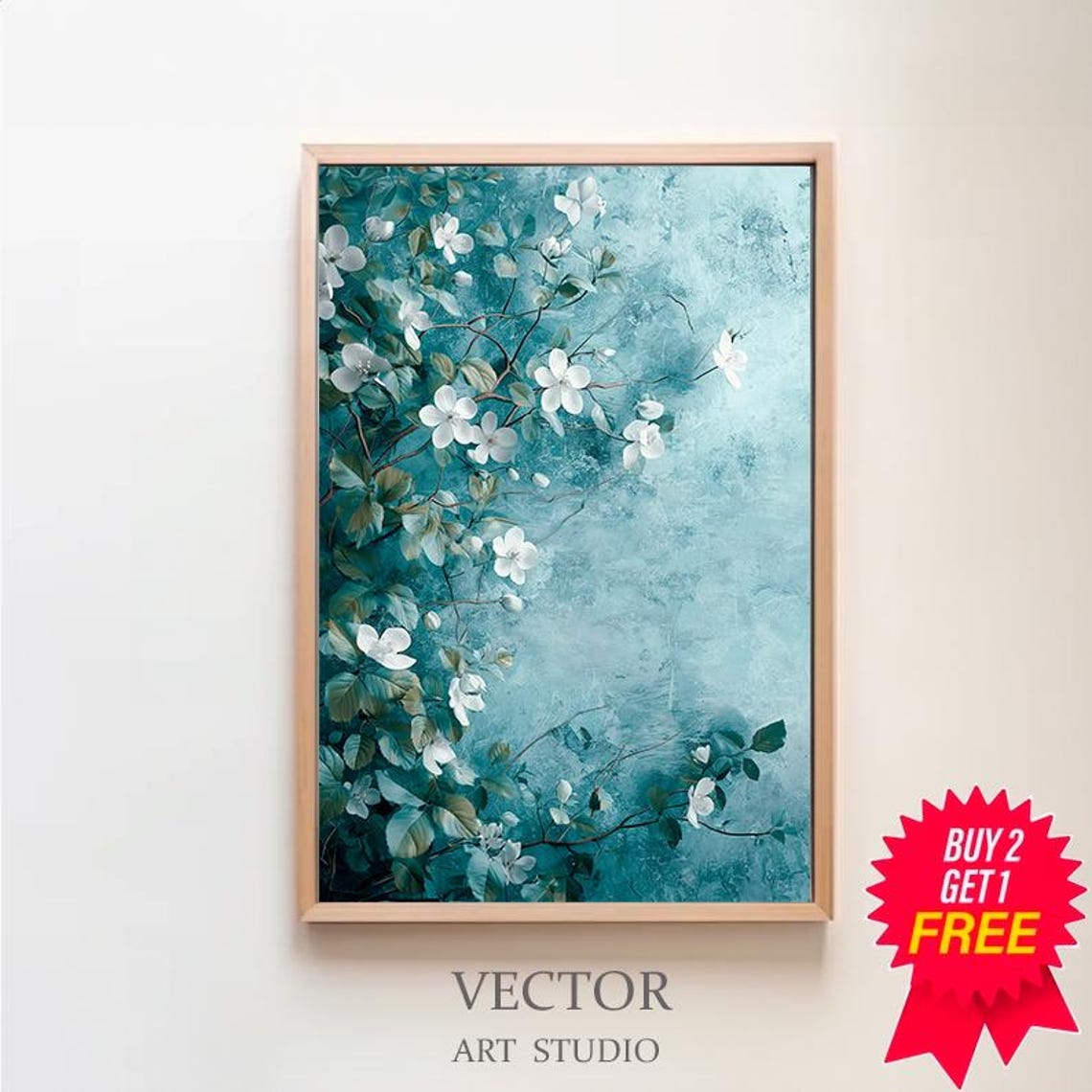 White Spring Blossoms on Teal Textured Background Botanical Poster