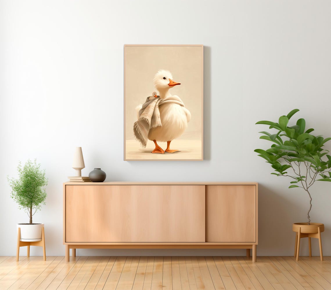 Mother Duck Cuddling Duckling in Beige Shawl Sweet Nursery Poster - Image 2