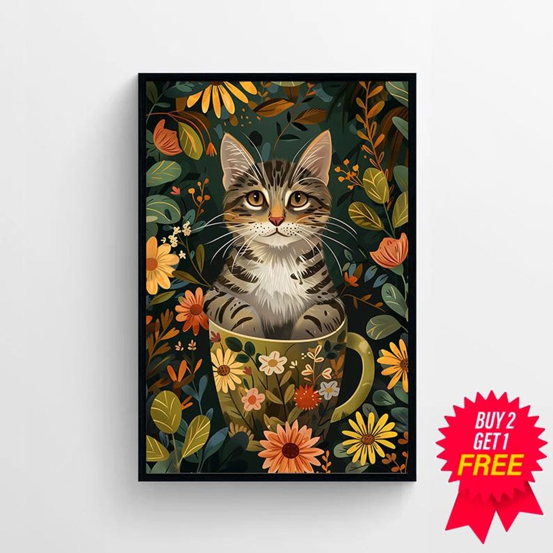 Adorable Tabby Kitten in Decorative Floral Teacup Jungle Poster - Image 4