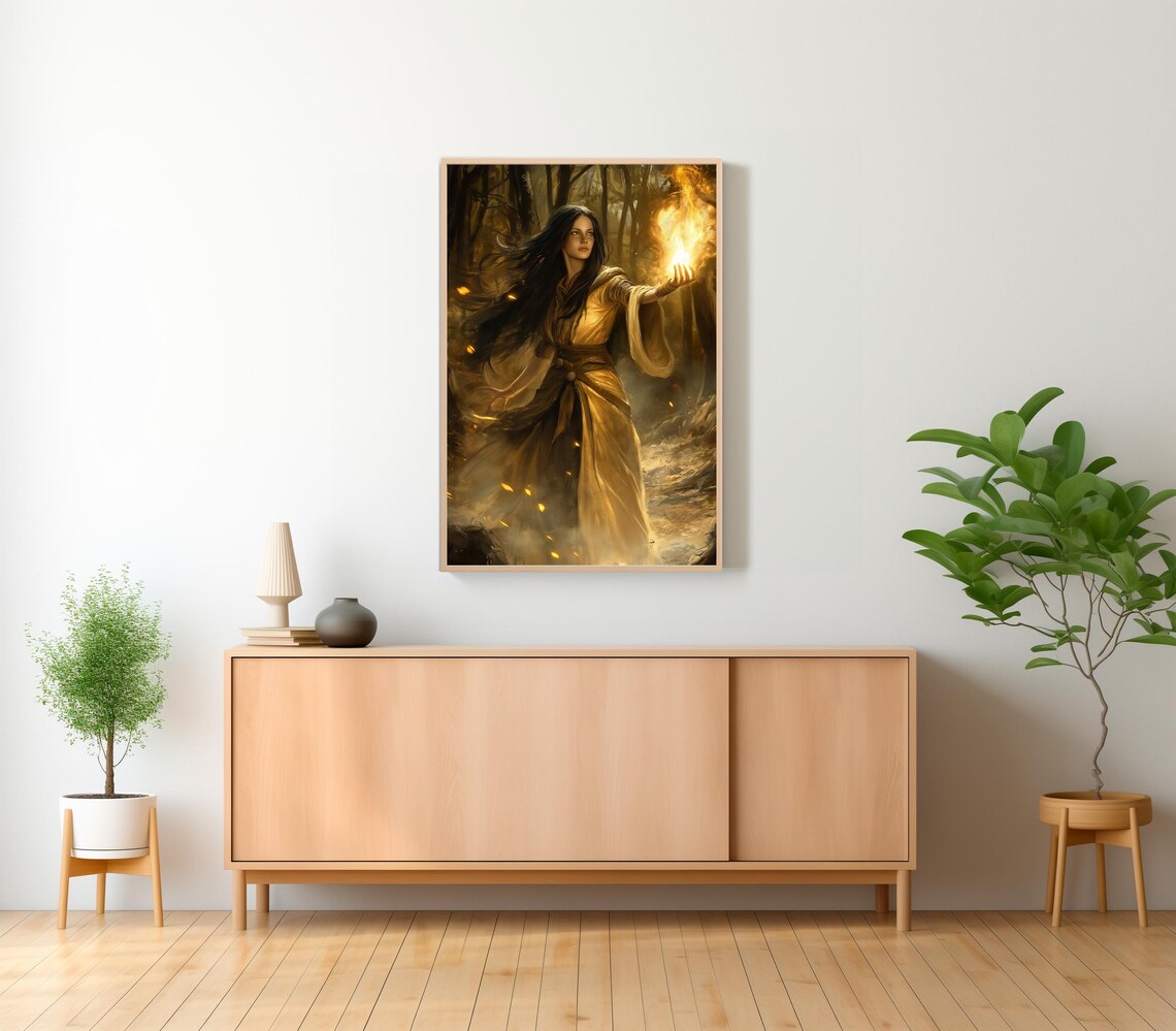 Fire Witch Sorceress Conjuring Golden Flames in Dark Forest Occult Art Poster - Image 2