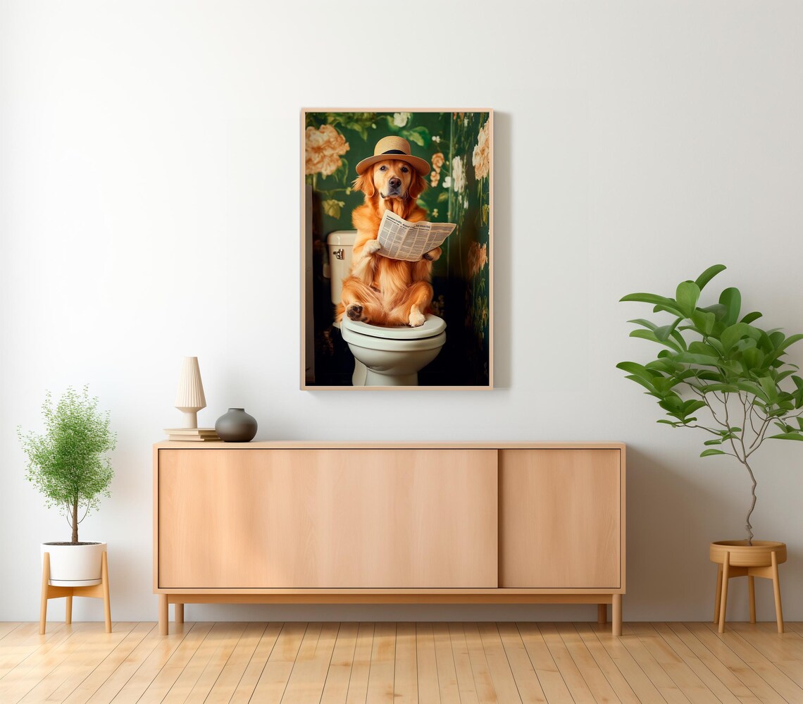 Golden Retriever in Toilet, Funny Bathroom Art Print - Image 2