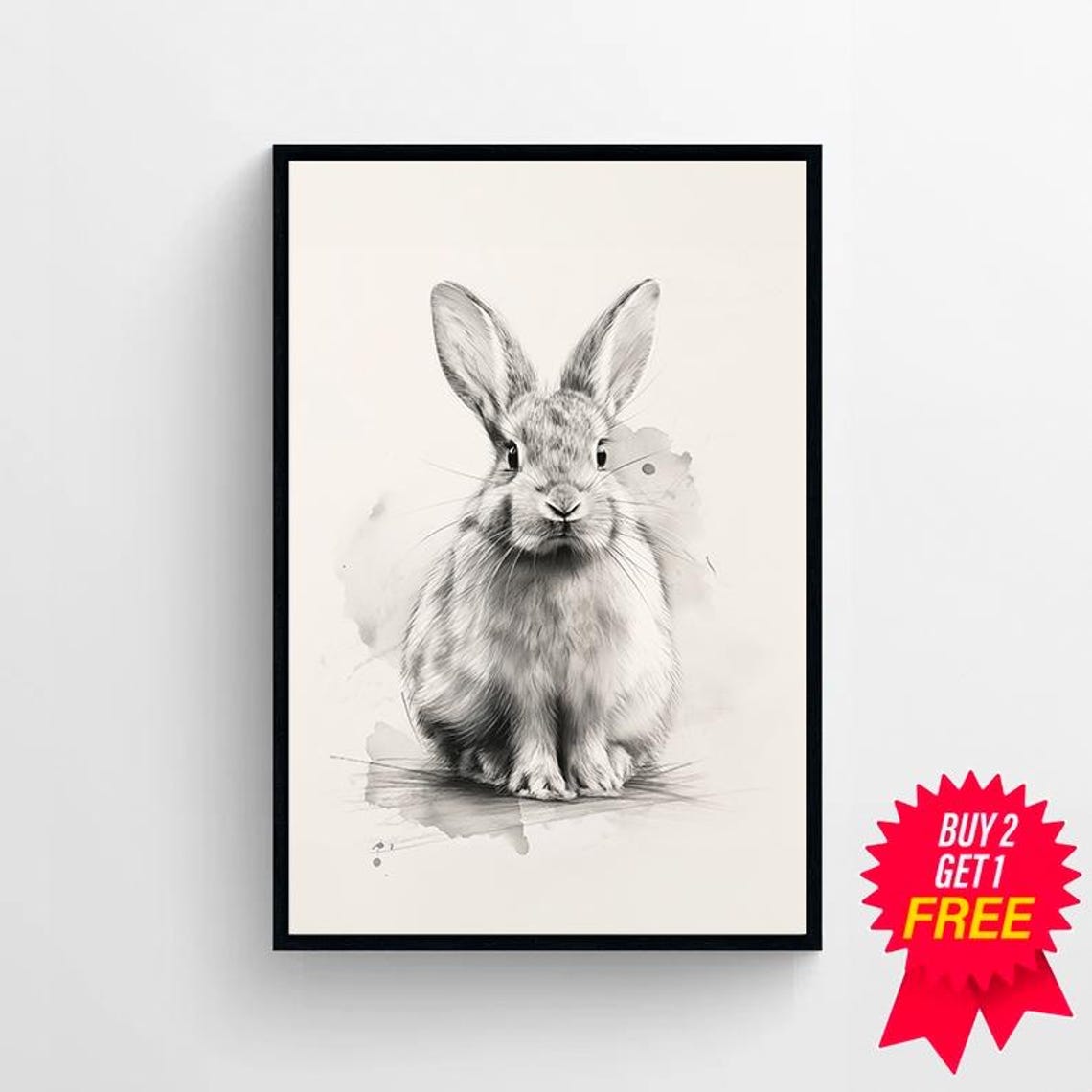Cute Bunny Front View Delicate Ink Sketch Rabbit Watercolor Poster - Image 4