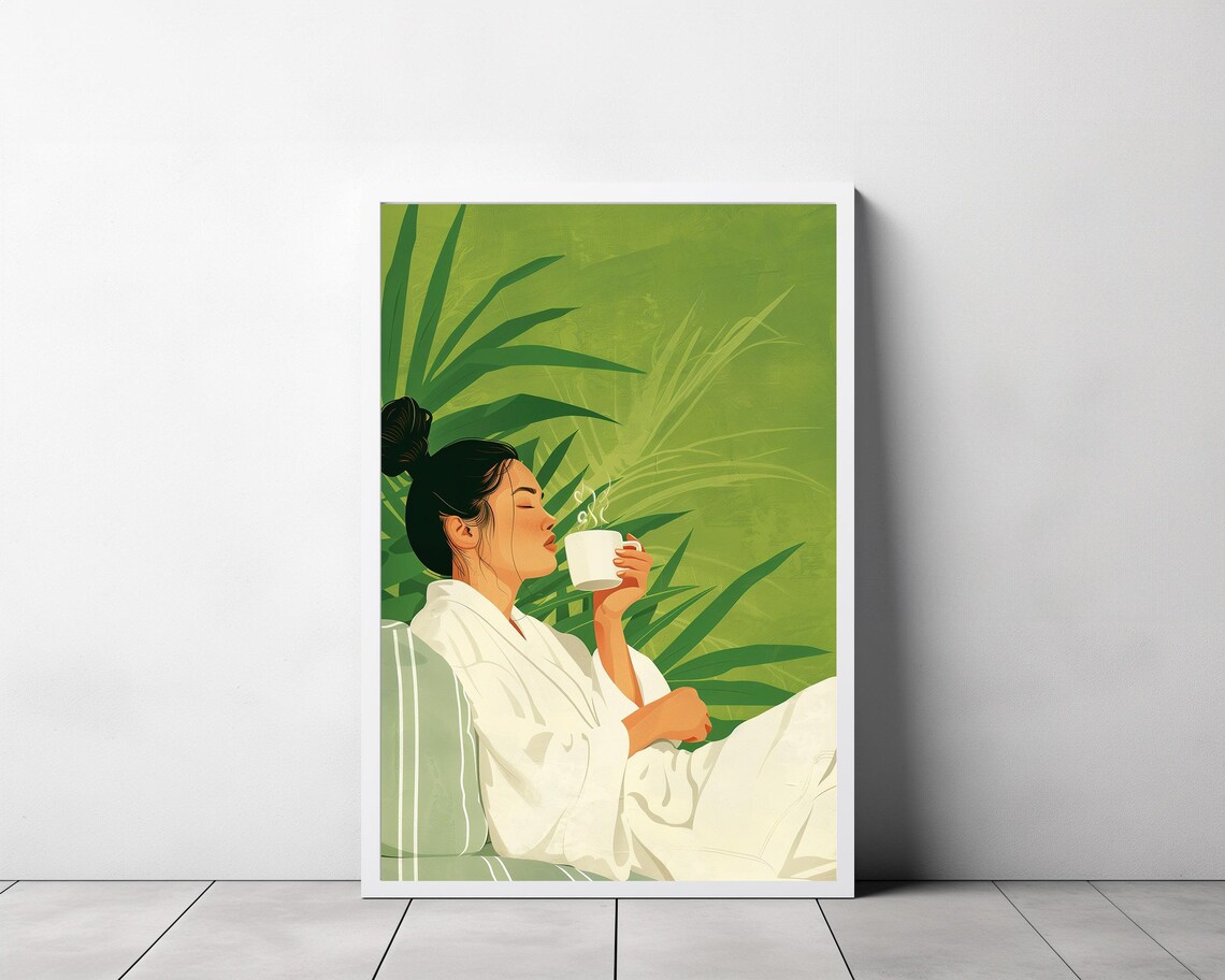 Emerald Green Abstract People Large Wall Art Contemporary Artwork Minimalist Print Coffee Lover Wall Art Stripe Woman Print - Image 3