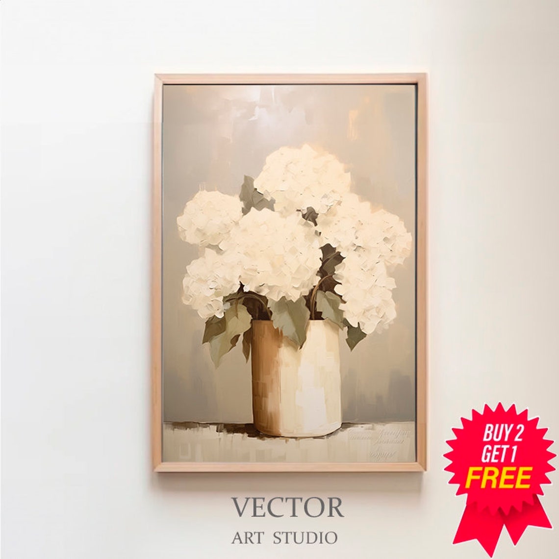 White Hydrangeas in a Golden Vase Warm Farmhouse Floral Poster
