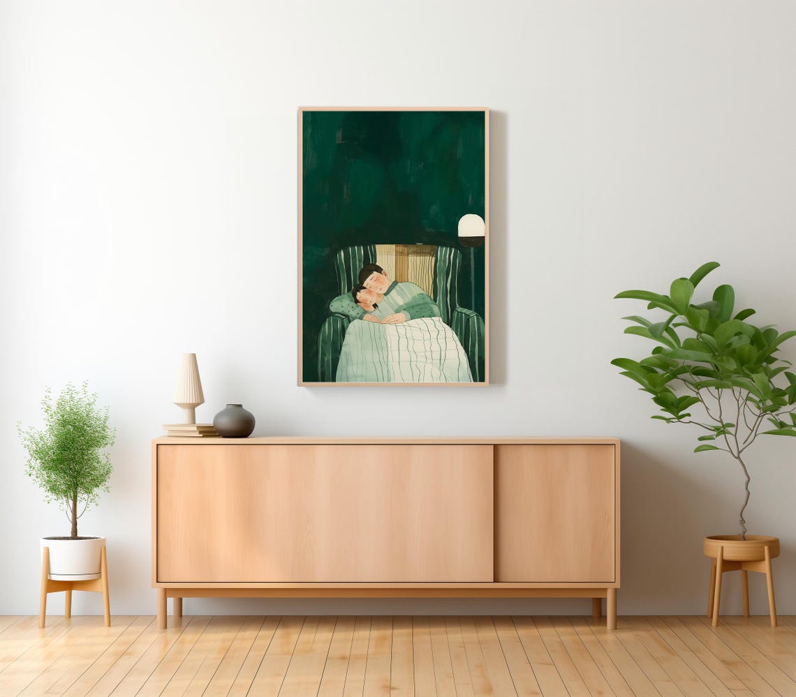 Couple Embraced in Bed Under an Emerald Green Night Sky Art Poster - Image 2