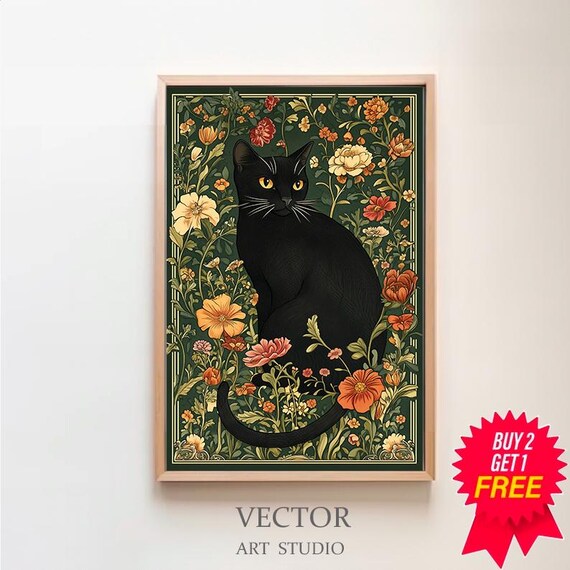 Elegant Black Cat Portrait among William Morris Flowers Poster