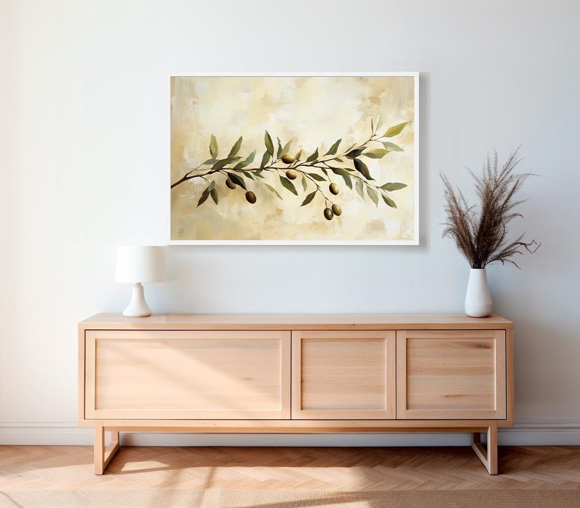 Olive Branch With Dark Olives On Warm Beige Plaster Wall Poster - Image 2