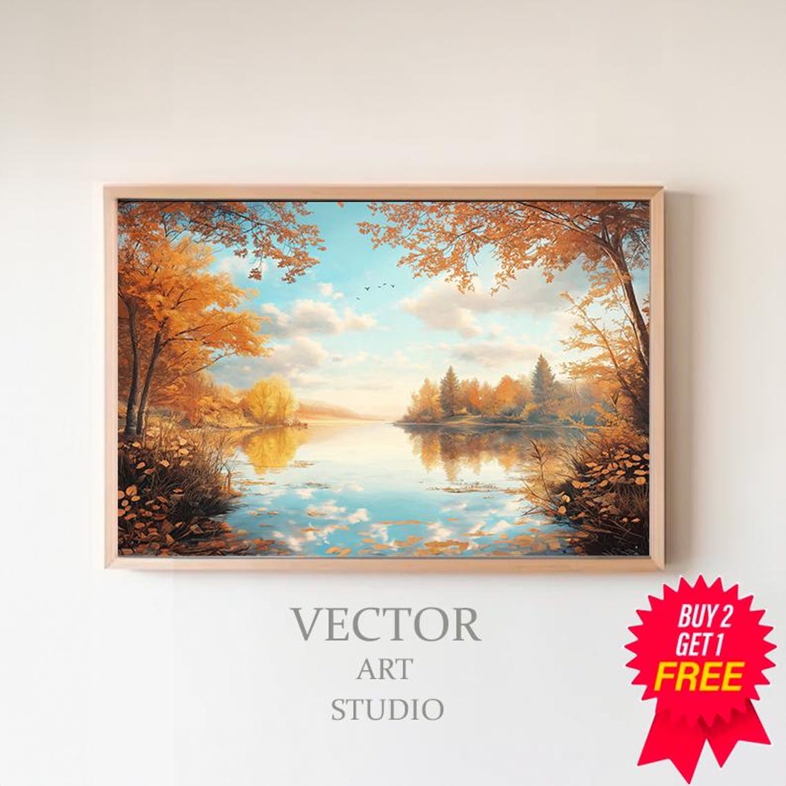 Vibrant Fall Foliage Around a Mirror-Calm Lake Under Blue Sky Poster