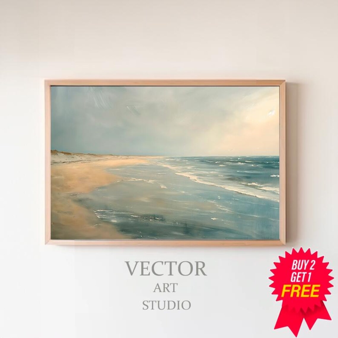 Muted Neutral Beach Seascape Soft Oil Painting Coastal Art Poster