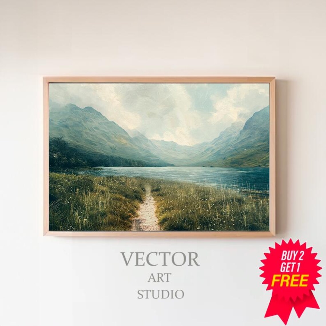 Misty Mountain Lake and Meadow Path Vintage Nature View Poster