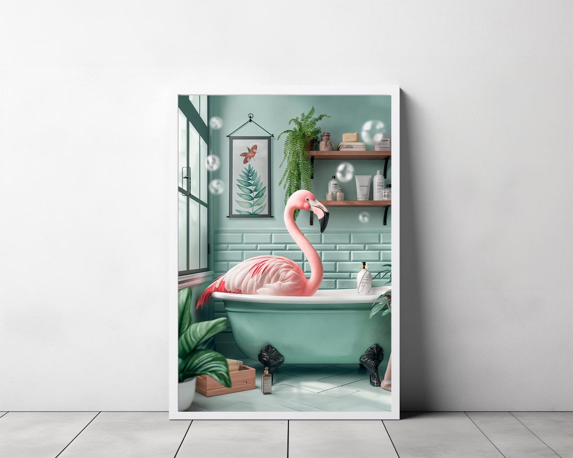 Pink Flamingo Soaking in a Green Bathtub Teal Bathroom Art Poster - Image 3