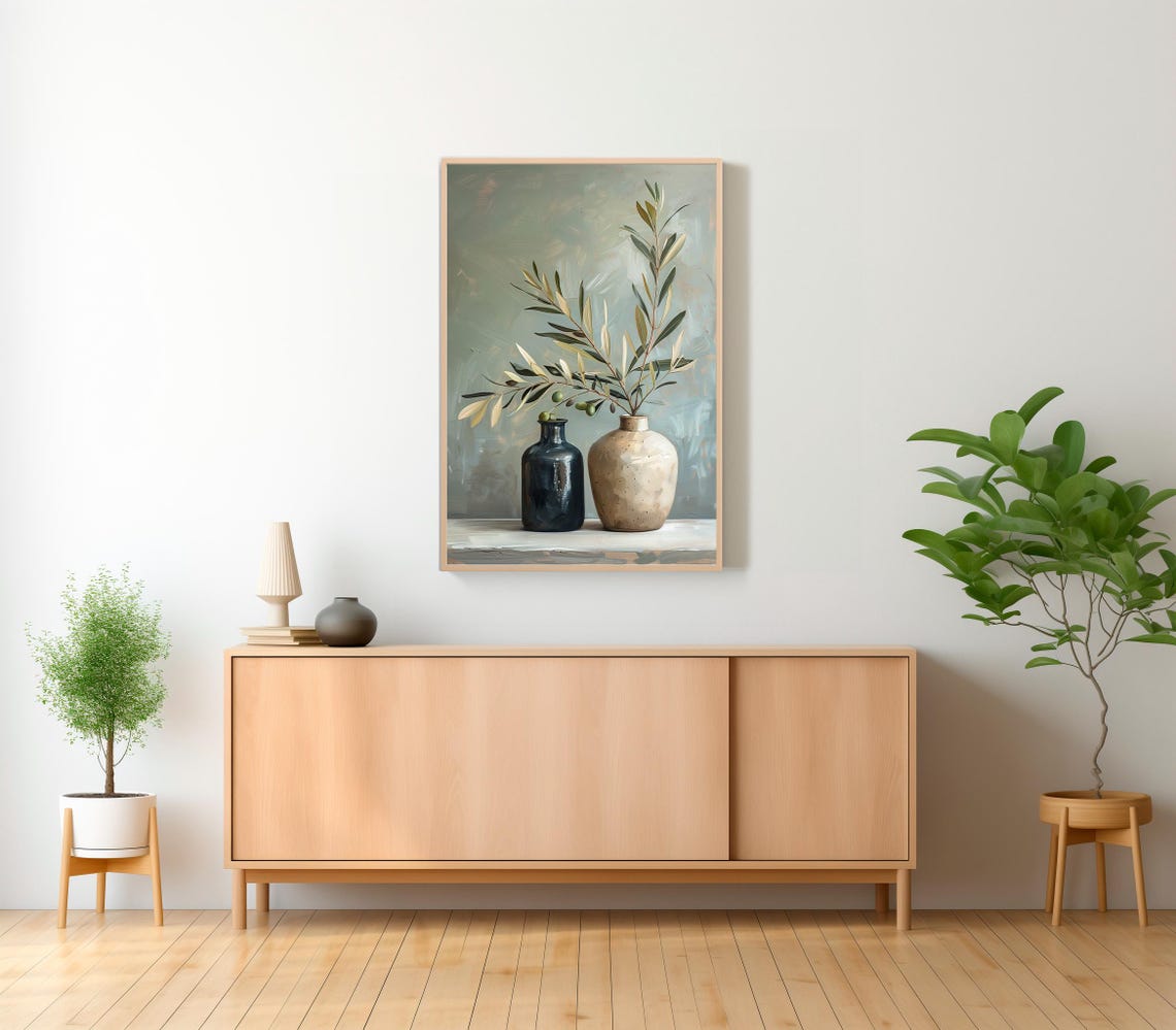 Two Ceramic Vases With Olive Branches Minimalist Still Life Poster - Image 2