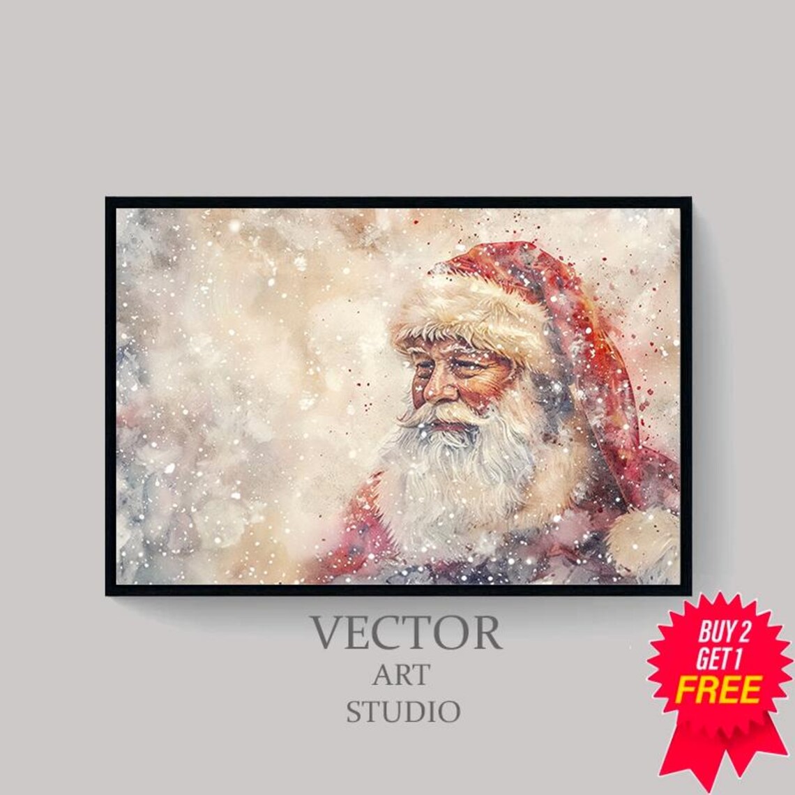 Jolly Santa Claus in Snowfall Watercolor Christmas Portrait Poster - Image 4