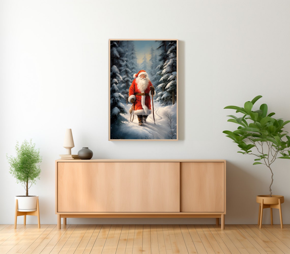 Smiling Santa Claus Strolling Through a Moonlit Snowy Forest Poster - Image 2