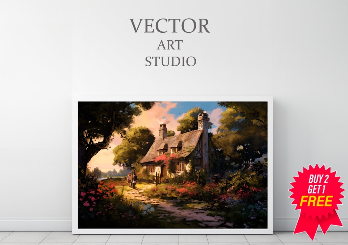 Thatched Cottage at Sunset Surrounded by Roses and Stone Path Poster - Image 3