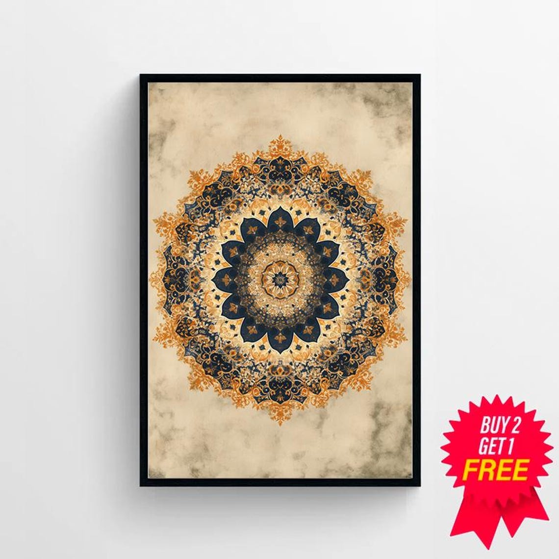 Navy Blue And Gold Mandala On Vintage Parchment Decor Art Poster - Image 4