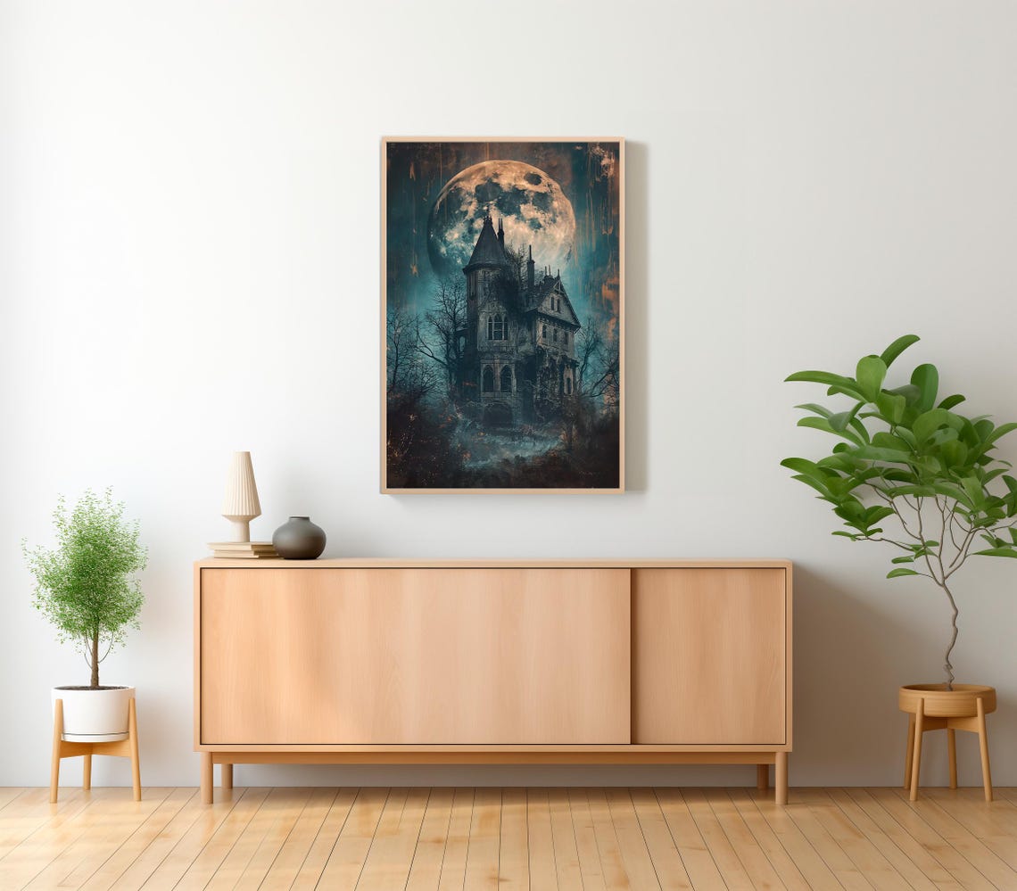 Haunted Victorian Mansion Standing Under A Giant Full Moon Poster - Image 2