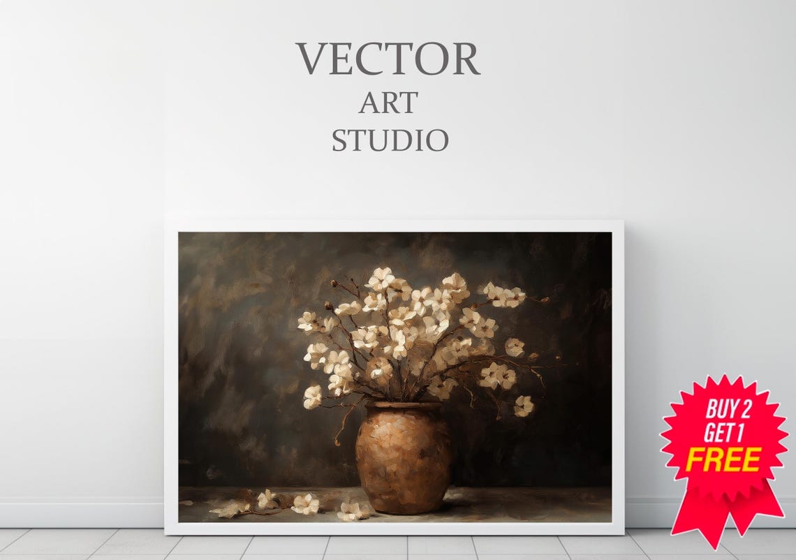 White Blossoms In Rustic Amber Vase Moody Dark Floral Poster - Image 3