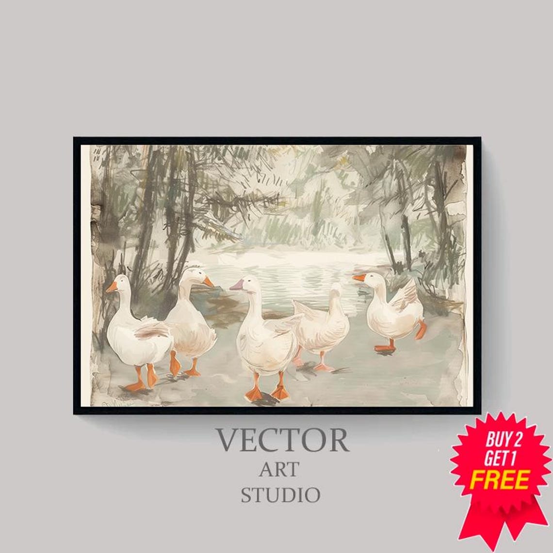 Five White Geese Walking Through Watercolor Farmhouse Poster - Image 4