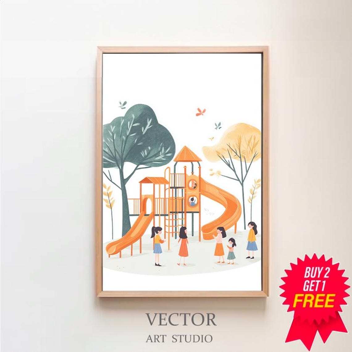 Happy Kids Playing on an Orange Playground Slide Illustration Poster