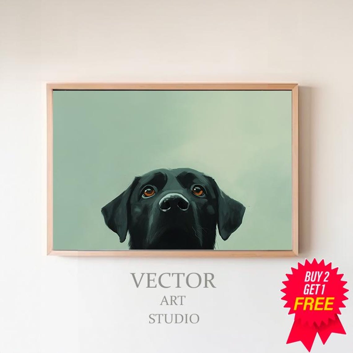 Black Labrador Peeking Up on a Soft Sage Green Background Poster