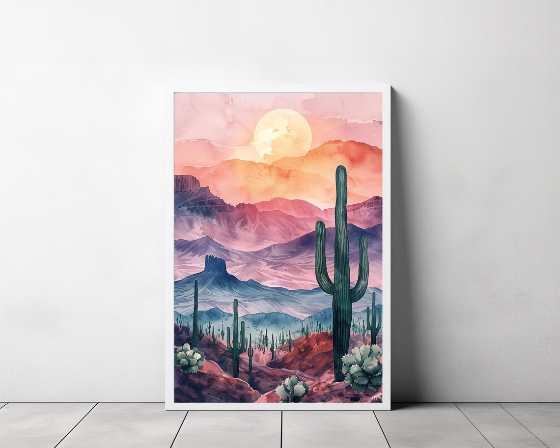 Sonoran Desert Sunrise Saguaro Cactus Mountains Watercolor Poster - Image 3