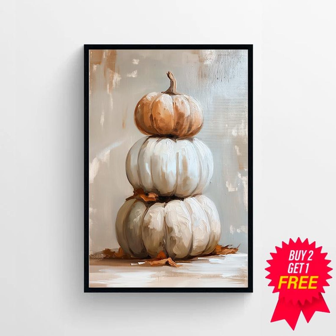 Stack of Three Tan and White Pumpkins in Fall Still Life Art Poster - Image 4