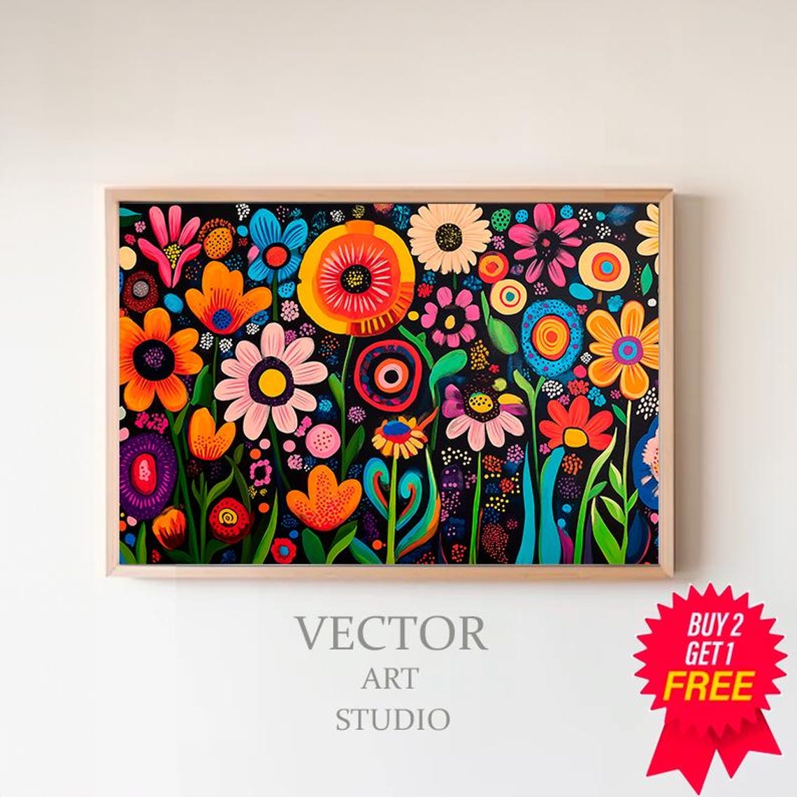 Vibrant Folk Art Flowers Bursting on a Black Background Poster