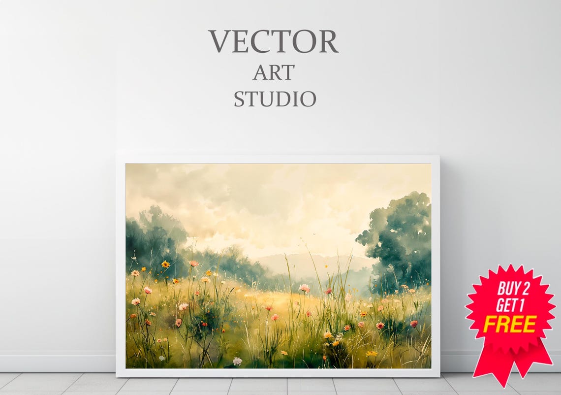 Golden Wildflower Meadow Watercolor With Distant Trees Poster - Image 3