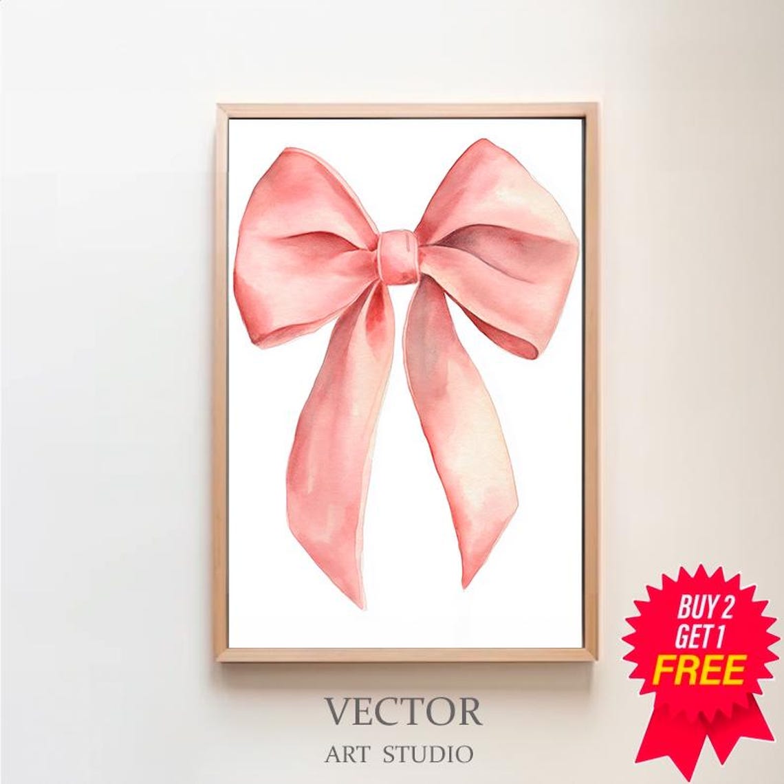 Peachy Pink Satin Bow Watercolor Coquette Nursery Decor Poster