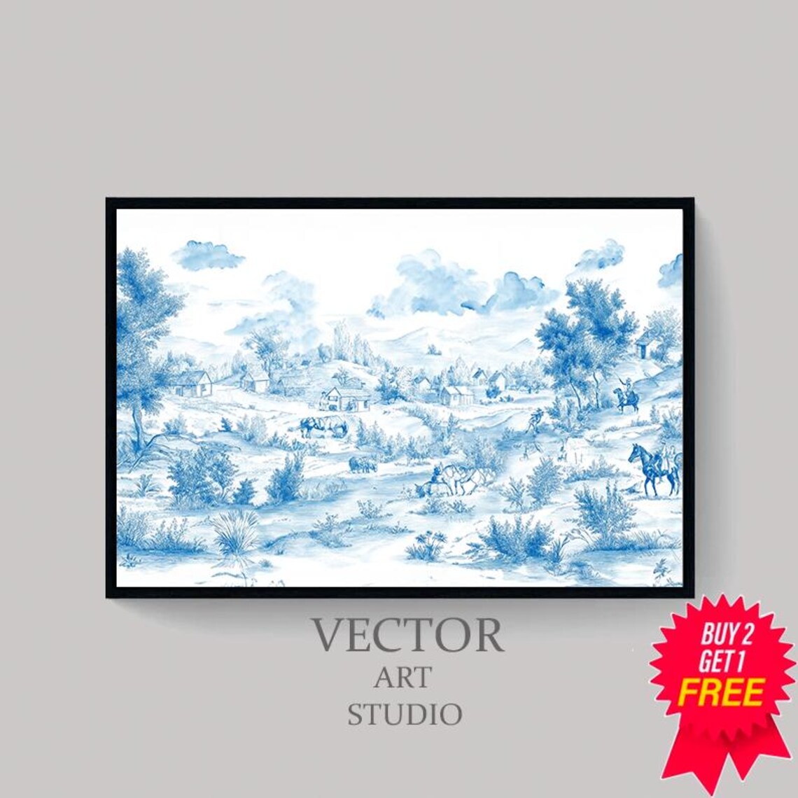 Blue Toile Countryside Scene With Riders And Horses Vintage Poster - Image 4