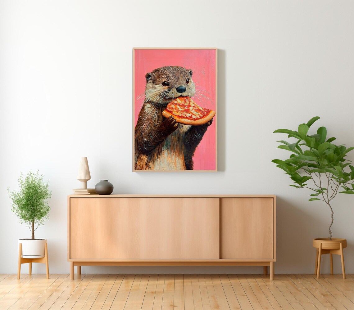 Otter Eating a Slice of Pizza on a Pink Background Funny Animal Poster - Image 2