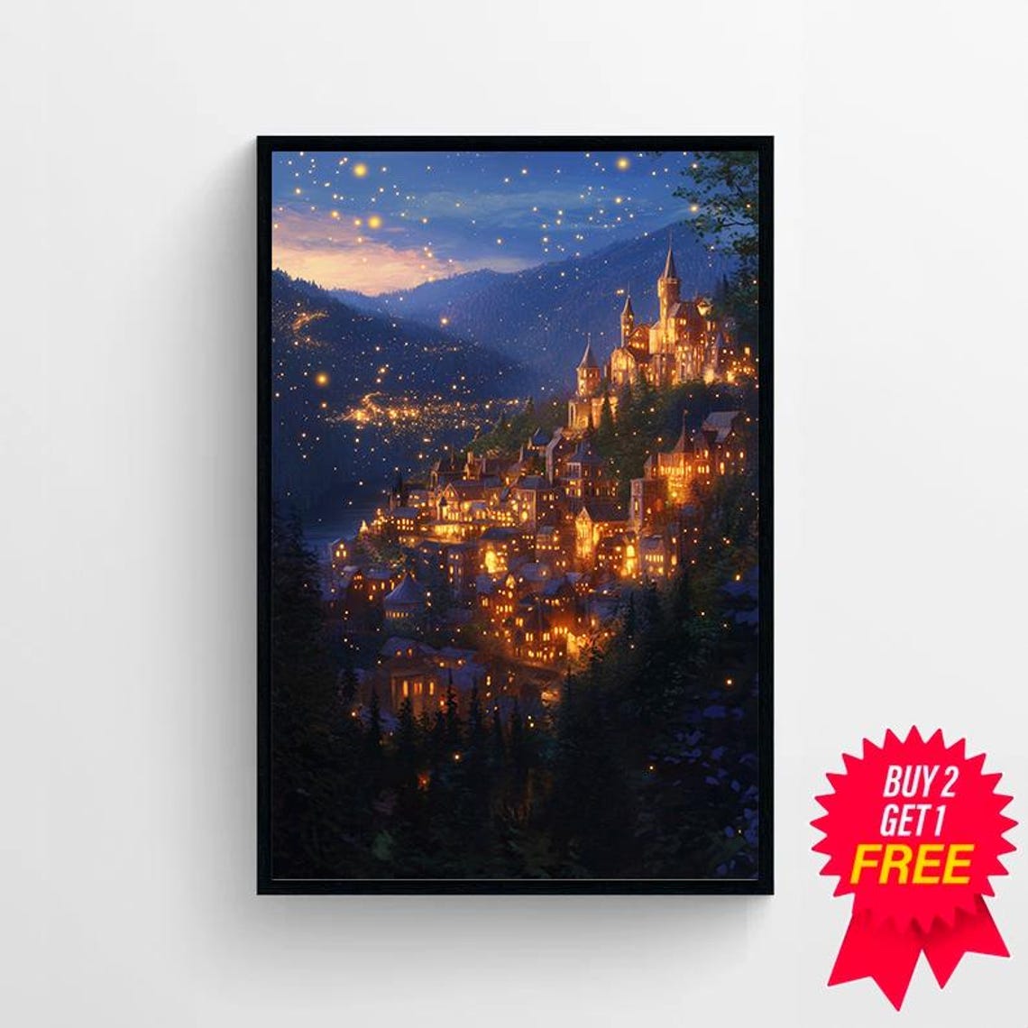 Enchanted City Of Starlight Glowing Night Town Fantasy Poster - Image 4
