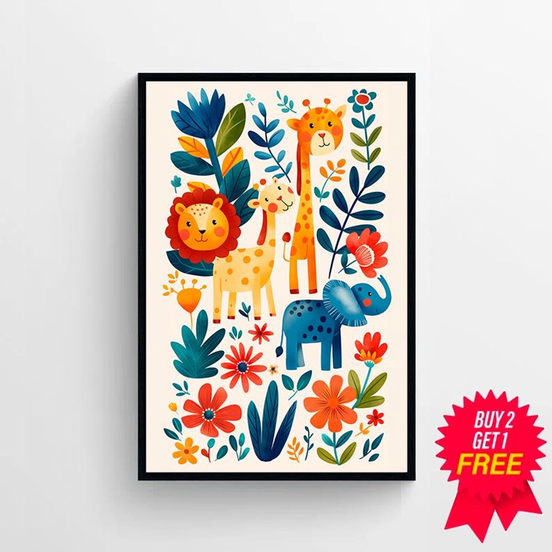 Happy Lion Giraffe Elephant Flowers Safari Kids Nursery Poster - Image 4