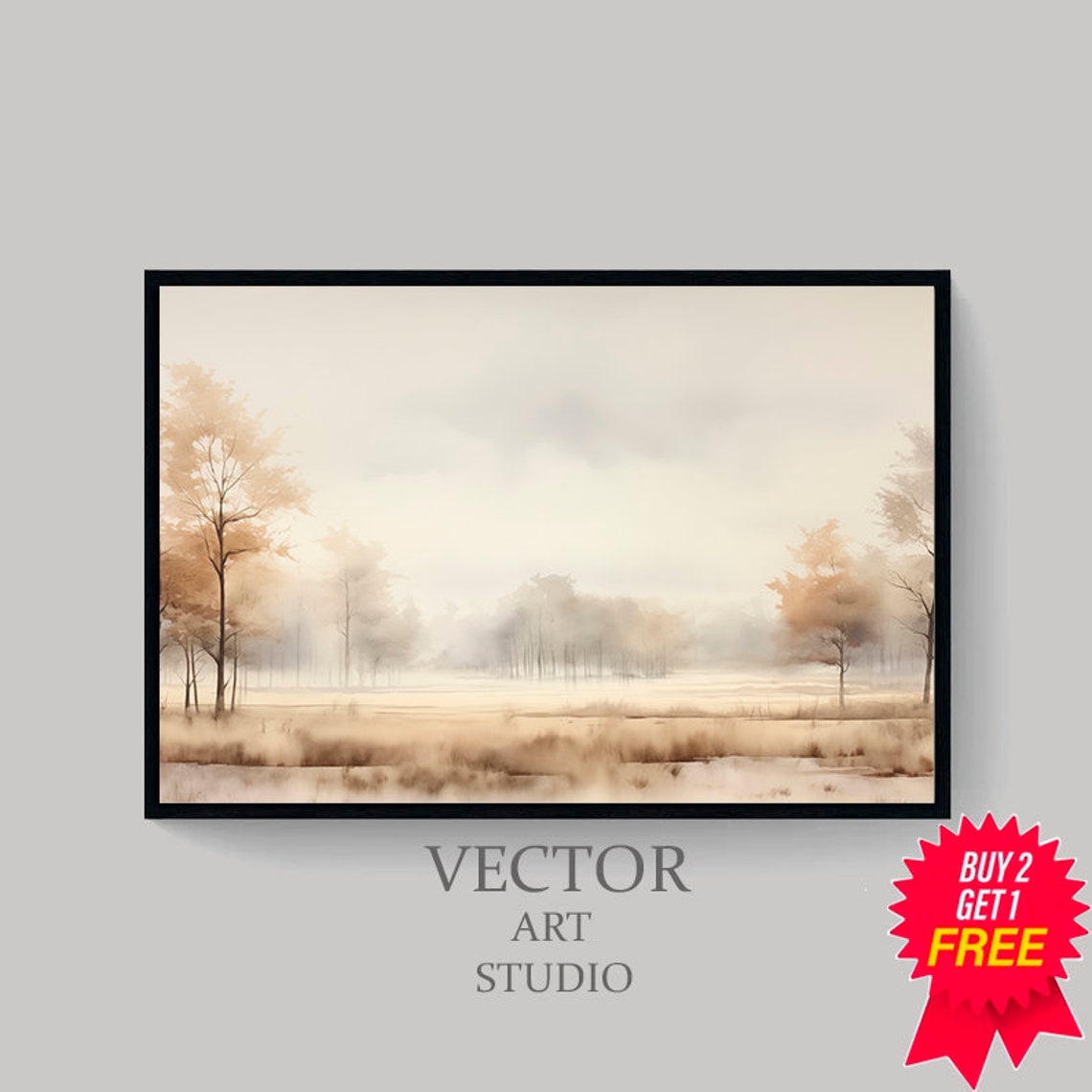 Misty Golden Autumn Field Soft Watercolor Landscape Art Poster - Image 4