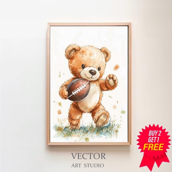 Teddy Bear Running American Football Watercolor Nursery Poster