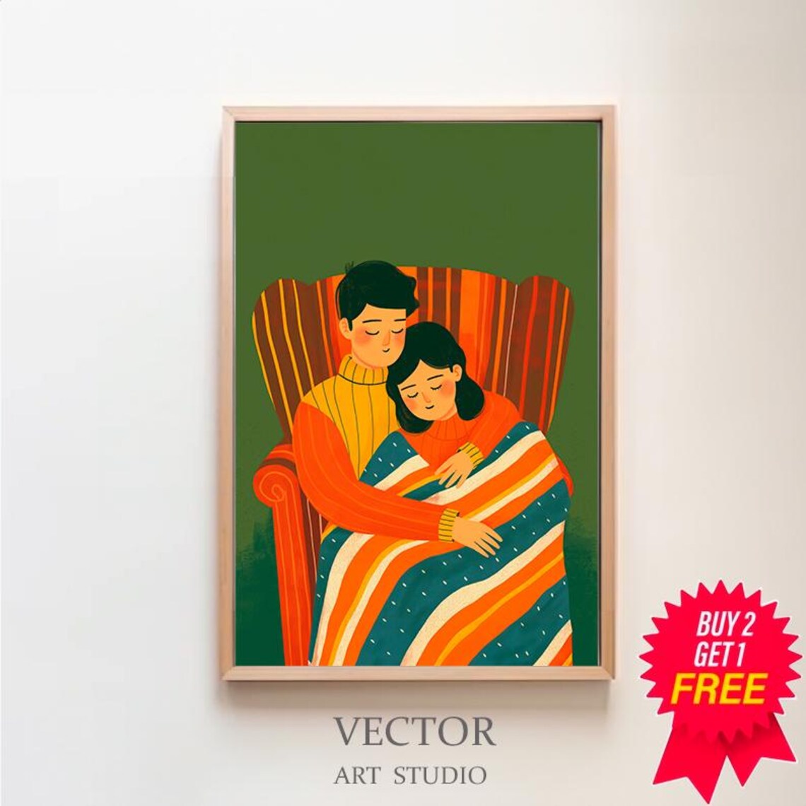 Cozy Couple Embrace Striped Blanket Armchair Illustration Poster